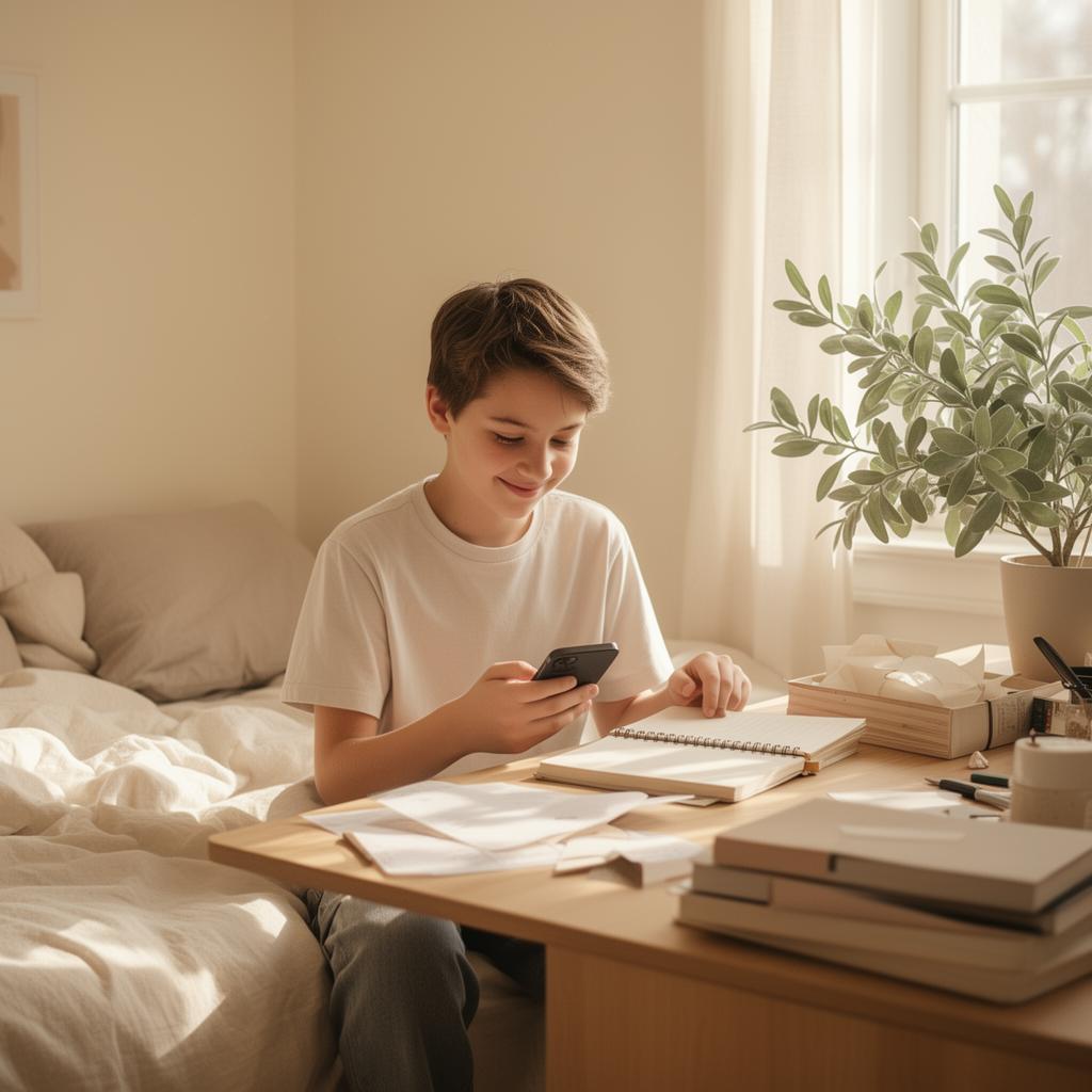 Teenager calmly checking off morning routine on a phone
